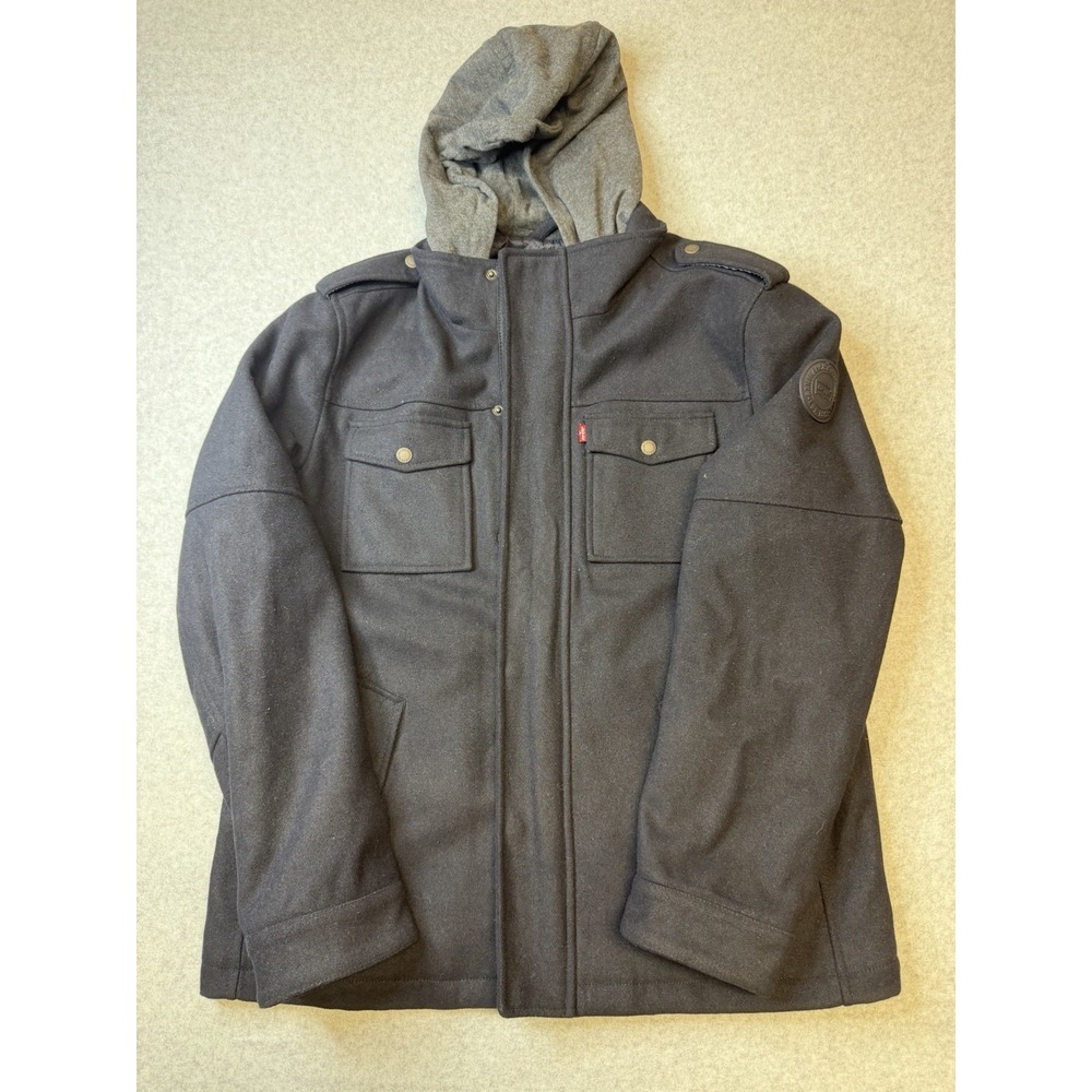Levi's Jacket Mens Large Black Wool Hooded Military Quilted Insulated Pockets